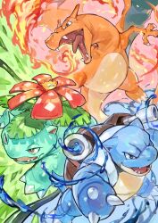 Rule 34 | absurdres, blastoise, blue eyes, brown eyes, charizard, claws, creatures (company), fang, fang out, fangs, fire, fire, game freak, gen 1 pokemon, highres, looking ahead, nintendo, open mouth, pokemon, pokemon (creature), red eyes, starter pokemon trio, tapioka chaso, tongue, v-shaped eyebrows, venusaur, water