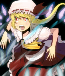 Rule 34 | 1girl, bad id, bad pixiv id, blonde hair, blouse, collared shirt, dress, embodiment of scarlet devil, fang, female focus, fingernails, flandre scarlet, hair between eyes, hat, kouno (masao), long fingernails, mob cap, open mouth, red eyes, red theme, shirt, solo, touhou, white hat, white shirt