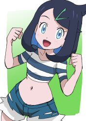 Rule 34 | 1girl, :d, absurdres, aqua eyes, black hair, blush, clenched hands, creatures (company), cropped shirt, eyelashes, game freak, green background, hainchu, hair ornament, hairclip, hands up, happy, highres, liko (pokemon), looking at viewer, navel, nintendo, open mouth, pokemon, pokemon (anime), pokemon horizons, shirt, short sleeves, shorts, smile, solo, striped clothes, striped shirt, tongue, w arms