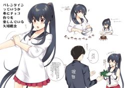 Rule 34 | 1boy, 1girl, adapted costume, admiral (kancolle), apron, black hair, black jacket, blush, breasts, chocolate, cleavage, closed mouth, collarbone, comic, cooking, closed eyes, garter straps, gift, gloves, hair between eyes, ichinomiya (blantte), jacket, jewelry, kantai collection, large breasts, long hair, midriff, multiple views, musical note, open mouth, pleated skirt, ponytail, red eyes, red skirt, ring, sailor collar, scrunchie, short hair, sidelocks, simple background, single garter strap, skirt, smile, translation request, valentine, very long hair, wedding band, white background, white gloves, yahagi (kancolle)