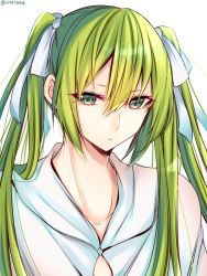 Rule 34 | alternate hairstyle, androgynous, bad id, bad pixiv id, enkidu (fate), fate/grand order, fate/strange fake, fate (series), gender request, green eyes, green hair, hair between eyes, hair ribbon, long hair, looking at viewer, ribbon, shisei (kyuushoku banchou), solo, twintails, twitter username, white ribbon