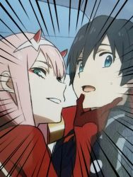 Rule 34 | 10s, 1boy, 1girl, black bodysuit, black hair, blue eyes, bodysuit, commentary, couple, darling in the franxx, english commentary, gloves, green eyes, hair ornament, hairband, hand on another&#039;s chin, hetero, highres, hiro (darling in the franxx), horns, k 016002, long hair, looking at viewer, oni horns, pilot suit, pink hair, red bodysuit, red gloves, red horns, short hair, sweatdrop, white hairband, zero two (darling in the franxx)