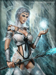Rule 34 | 1girl, alex negrea, bodysuit, breasts, circlet, cleavage, covered navel, cowboy shot, earrings, feathers, flower, grey hair, hair ornament, ice, jewelry, legend of the cryptids, lipstick, makeup, medium hair, nail polish, official art, piercing, ring, snow, solo, staff, thighhighs, watermark, web address