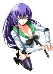 Rule 34 | 1girl, bad id, bad pixiv id, blue eyes, boots, breasts, busujima saeko, cleavage, collarbone, erobouzu, foreshortening, from above, full body, garter straps, highschool of the dead, katana, lace, lace-trimmed legwear, lace trim, large breasts, legs, long hair, purple hair, purple thighhighs, risutan, school uniform, shiny clothes, simple background, skirt, solo, sword, thighhighs, thighs, weapon, white background