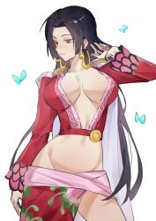 Rule 34 | 1girl, ahoge, black hair, blue butterfly, boa hancock, breasts, bug, butterfly, cape, cleavage, crop top, earrings, epaulettes, groin, hand in own hair, highres, holding, holding own hair, insect, jewelry, large breasts, long hair, looking down, midriff, one piece, plunging neckline, purple eyes, red sarong, sarong, shiba257, solo, very long hair, white cape