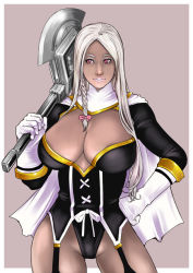 Rule 34 | 1girl, armor, axe, braid, breasts, capelet, cleavage, cleavage cutout, clothing cutout, curvy, dark-skinned female, dark skin, female focus, garter straps, hand on own hip, kusagami style, large breasts, lips, red eyes, revealing clothes, simple background, solo, weapon, white hair