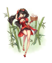 Rule 34 | 1girl, bamboo, black hair, breasts, brown eyes, cleavage, dress, earrings, food, frills, gloves, hair ornament, highres, jewelry, large breasts, long hair, long legs, original, puffy sleeves, puky, red dress, red gloves, solo, standing, thighs, twintails, very long hair