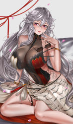 Rule 34 | 1girl, absurdres, bangle, bare shoulders, bed sheet, black nails, black one-piece swimsuit, bracelet, breasts, casual one-piece swimsuit, cleavage, collarbone, unworn eyewear, fingernails, granblue fantasy, grey hair, hair between eyes, highres, holding, holding removed eyewear, impossible clothes, impossible swimsuit, jewelry, large breasts, lipstick, long fingernails, long hair, looking at viewer, magisa (granblue fantasy), makeup, nail polish, on bed, one-piece swimsuit, parted lips, petals, pillow, purple eyes, red nails, sarong, see-through, see-through cleavage, simple background, sitting, smile, solo, sunglasses, swimsuit, thigh strap, very long hair, white background, yokozuwari, ytoy