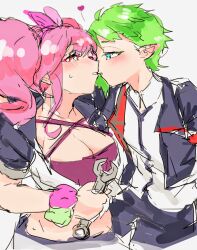 Rule 34 | 2girls, absurdres, arm scrunchie, black jacket, black skirt, blue eyes, blush, breasts, camisole, cleavage, collarbone, collared shirt, cropped shirt, green hair, grey background, hair behind ear, hair ribbon, heart, highres, holding, holding wrench, imminent kiss, jacket, large breasts, looking at viewer, m rgfn, macross, macross delta, makina nakajima, medium hair, multiple girls, parted lips, pink hair, pink ribbon, purple camisole, reina prowler, ribbon, shirt, sketch, skirt, sweatdrop, twintails, white shirt, wrench, yuri