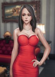 Rule 34 | 1girl, absurdres, arm at side, bad id, bad pixiv id, bare arms, bare shoulders, bella goth, black hair, blurry, blurry background, breasts, brown eyes, cleavage, closed mouth, couch, cowboy shot, depth of field, dress, expressionless, eyeshadow, female focus, formal, hand on own hip, highres, huge filesize, indoors, jewelry, lamp, large breasts, lips, lipstick, long hair, looking away, luimiart, makeup, neck, necklace, ornate ring, painting (object), red dress, red lips, ring, serious, solo, standing, strapless, strapless dress, striped, striped wall, swept bangs, table, the sims