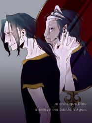 Rule 34 | 2boys, black hair, gilles de rais (caster) (fate), dual persona, fate/zero, fate (series), french text, kubimura, long hair, male focus, mirror, multiple boys, ponytail, purple eyes, reflection, robe, text focus, translated