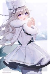 Rule 34 | 1girl, azur lane, black pantyhose, blue eyes, blush, bow, capelet, coat, conet510, fake tail, from side, fur-trimmed coat, fur trim, grey hair, hands up, hat, hat bow, heterochromia, highres, long hair, looking at viewer, murmansk (azur lane), open mouth, outside border, pantyhose, purple eyes, smile, snow, solo, tail, twitter username, white capelet, white coat, white hat