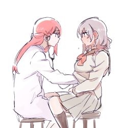 Rule 34 | 2girls, blush, character request, copyright request, grey hair, hair ornament, hairclip, hand under clothes, long hair, looking at another, multiple girls, pink hair, pito (sh02327), short hair, simple background, sitting, stethoscope, sweat, white background, yuri