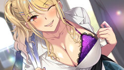 Rule 34 | 1girl, bag, blonde hair, blurry, blurry background, blush, bra, breasts, carrying over shoulder, cleavage, ecchi na gal ni sasowarete, eyes visible through hair, from above, gyaru, hayashi cherry, highres, large breasts, long hair, looking at viewer, mole, mole under eye, naughty face, one eye closed, open mouth, original, presenting, pulling own clothes, red eyes, school bag, school uniform, side ponytail, smile, standing, underwear, upper body, wink