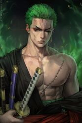 Rule 34 | 1boy, artist name, bare shoulders, closed mouth, collarbone, commentary, earrings, english commentary, glowing, glowing eye, green background, green eyes, green hair, highres, holding, holding sword, holding weapon, jewelry, katana, male focus, muscular, muscular male, nipples, off shoulder, one eye closed, one piece, roronoa zoro, scar, scar across eye, scar on chest, sciamano240, short hair, single earring, sword, weapon