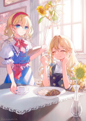 Rule 34 | 3girls, alice margatroid, artist name, blonde hair, blue dress, blue eyes, blue nails, blush, bow, bowtie, braid, buttons, closed eyes, closed mouth, commentary request, cup, curry, curry rice, double-breasted, dress, fairy, flower, flower pot, food, hair ribbon, hairband, highres, hinasumire, indoors, kirisame marisa, lolita hairband, long hair, looking at another, mini person, minigirl, multiple girls, nail polish, no headwear, puffy short sleeves, puffy sleeves, red bow, red bowtie, red hairband, red ribbon, ribbon, rice, shirt, short hair, short sleeves, single braid, sitting, smile, sunflower, table, tablecloth, teacup, touhou, tress ribbon, white shirt, window