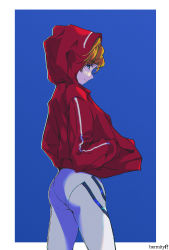 Rule 34 | 1girl, absurdres, arched back, ass, blue eyes, blush, border, breasts, brown hair, covered erect nipples, evangelion: 3.0+1.0 thrice upon a time, expressionless, glowing, glowing eyes, hands in pockets, hermmy, highres, long hair, looking back, neon genesis evangelion, parted lips, plugsuit, rebuild of evangelion, skin tight, solo, souryuu asuka langley, very long hair, white border, wide hips