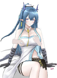 Rule 34 | 1girl, absurdres, arknights, bare shoulders, black gloves, black shorts, blue eyes, blue hair, blush, braid, condom, condom wrapper, detached collar, disembodied limb, dragon girl, dragon horns, dragon tail, earrings, elbow gloves, feet out of frame, gloves, highres, horns, jewelry, knee up, ling (arknights), long hair, looking at viewer, midriff peek, necktie, nipple stimulation, nipple tweak, nipple tweak through clothes, parted lips, pointy ears, shirt, short shorts, shorts, simple background, single braid, sitting, smile, solo focus, tail, thigh strap, very long hair, white background, white shirt, woon, yellow necktie