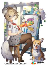 Rule 34 | 1girl, ^^^, ahoge, animal, animal ears, apron, black-framed eyewear, black footwear, black pantyhose, blue eyes, blush, breasts, brown hair, canvas (object), character request, charm (object), collar, company name, copyright name, crossed legs, dog, easel, emblem, english text, fish, from side, full body, glasses, grey skirt, hair ornament, hairclip, head tilt, holding, medium breasts, neckerchief, open mouth, outside border, paint, paintbrush, palette (object), pantyhose, parted lips, plant, pleated skirt, qurare magic library, school uniform, serafuku, shirt, shoes, short hair, short sleeves, sitting, skirt, stool, sweatdrop, tail, thighs, tongue, tongue out, watch, watermark, welsh corgi, white shirt, whoisshe, window, wristwatch