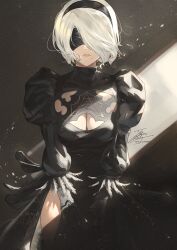 Rule 34 | 1girl, black dress, black hairband, blindfold, breasts, cleavage, dress, fadingz, hair over one eye, hairband, highres, lips, long sleeves, looking at viewer, medium breasts, mips, mole, mole under mouth, nier (series), nier:automata, pixiv id, puffy long sleeves, puffy sleeves, short hair, signature, solo, white hair, 2b (nier:automata)