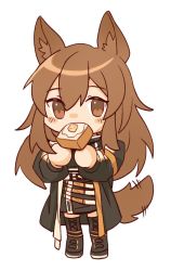 Rule 34 | 1girl, animal ears, arknights, black dress, black footwear, black jacket, blush, boots, bread slice, brown hair, ceobe (arknights), chibi, dog ears, dog girl, dog tail, dress, food, food in mouth, fried egg, full body, hair between eyes, hands up, jacket, long hair, long sleeves, looking at viewer, mouth hold, open clothes, open jacket, simple background, skyregalias, solo, standing, tail, tail wagging, thigh boots, toast, toast in mouth, white background