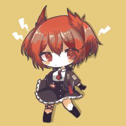 Rule 34 | !, 1girl, animal ears, arknights, bird ears, black footwear, black gloves, black jacket, black skirt, blush stickers, brown background, chibi, collared shirt, fiammetta (arknights), frilled skirt, frills, gloves, jacket, long sleeves, looking at viewer, mom2, necktie, open clothes, open jacket, red eyes, red hair, red necktie, shirt, short hair, simple background, skirt, solo, white shirt