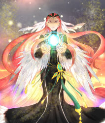 Rule 34 | 1girl, ashera (fire emblem), black dress, breasts, brooch, circlet, dress, feather hair ornament, feather trim, feathers, fire emblem, fire emblem: path of radiance, fire emblem: radiant dawn, full body, hair ornament, hair slicked back, highres, jewelry, long dress, long hair, long sleeves, looking at viewer, magic, mature female, medium breasts, natue6, nintendo, outdoors, red eyes, red hair, solo, tree, turtleneck, very long hair