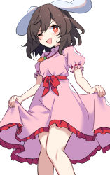 Rule 34 | 1girl, ;d, animal ears, blush, brown hair, carrot necklace, commentary request, dress, e.o., highres, inaba tewi, jewelry, looking at viewer, necklace, one eye closed, open mouth, pink dress, puffy short sleeves, puffy sleeves, rabbit ears, rabbit girl, red eyes, short hair, short sleeves, simple background, smile, solo, standing, touhou, white background