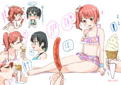 Rule 34 | !, 2girls, alternate hairstyle, bikini, black hair, blunt bangs, blush, borderless panels, breasts, chibi, closed eyes, collarbone, commentary request, cropped arms, cropped torso, earrings, floral print, food, frilled swimsuit, frills, gradient hair, green eyes, hair between eyes, hair ornament, hairband, hairclip, half-closed eyes, highres, hiragana, holding food, holding ice cream, ice cream, itsuki kuro, jewelry, licking, licking finger, licking hand, looking at another, love live!, love live! nijigasaki high school idol club, medium breasts, medium hair, melting, motion lines, multicolored clothes, multicolored hair, multicolored swimsuit, multiple girls, multiple views, nail polish, no mouth, open mouth, orange hair, pink bikini, pov, pov hands, sausage, side ponytail, signature, sitting, sound effects, speech bubble, streaked hair, sweat, swept bangs, swimsuit, takasaki yu, translation request, twintails, two-tone hair, uehara ayumu, wet, white background, wristband, yellow eyes, yuri