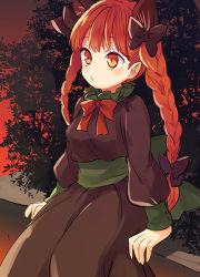 Rule 34 | 1girl, :o, animal ears, bow, bowtie, braid, breasts, brown dress, cat ears, dress, extra ears, feet out of frame, gradient sky, green sash, hair bow, kaenbyou rin, long hair, looking ahead, medium breasts, outdoors, parted lips, red bow, red bowtie, red eyes, red hair, sash, sitting, sky, solo, tomobe kinuko, touhou, twilight, twin braids, twintails