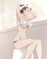 Rule 34 | 1girl, absurdres, arms up, ayane shirakawa, bathroom, bikini, breasts, brown hair, bursting breasts, cleavage, closed eyes, collarbone, covered erect nipples, groin, highres, large breasts, navel, open mouth, overflow (anime), screencap, shampoo, side-tie bikini bottom, sideboob, sitting, soap, stitched, stomach, swimsuit, thighs, third-party edit, underboob, white bikini