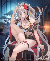 Rule 34 | 1girl, absurdres, breasts, chair, cleavage, closed mouth, commentary request, evertale, fingernails, grey hair, hair ornament, highres, indoors, knee up, long hair, looking at viewer, medium breasts, official art, sitting, teffish, thigh strap, thighs