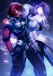Rule 34 | 2girls, alien, arm around another, arm around back, arm up, armor, asari (mass effect), blue eyes, blue skin, breasts, colored skin, commander shepard, commander shepard (female), couple, energy, eye contact, face-to-face, facing another, forehead-to-forehead, freckles, gloves, glowing, glowing hand, half-closed eyes, hand up, happy, heads together, holding, holding person, hug, interspecies, jacket, large breasts, liara t&#039;soni, looking at another, martalaz, mass effect (series), mass effect 1, medium breasts, multiple girls, one-armed hug, parted lips, pauldrons, red hair, short hair, shoulder armor, smile, standing, teeth, tentacle hair, white jacket, yuri