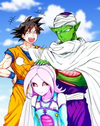 Rule 34 | &gt; &lt;, 1girl, 2men, :d, > <, bad id, bad pixiv id, black hair, black sclera, cape, cloud, collarbone, colored sclera, colored skin, day, dougi, dragon ball, dragon ball xenoverse, dragonball z, closed eyes, female majin, green skin, hand on another&#039;s head, hand on own hip, majin (race), muraosa (conjecture), namekian, open mouth, outdoors, piccolo, pink skin, pointy ears, sky, smile, son goku, spiked hair, teeth, turban, wristband, xd