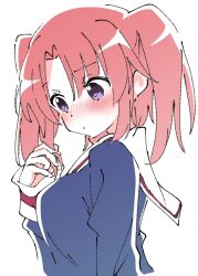 Rule 34 | 1girl, blush, closed mouth, commentary request, from side, ixy, long hair, long sleeves, mikakunin de shinkoukei, purple eyes, red hair, school uniform, simple background, solo, two side up, upper body, white background, yonomori kobeni