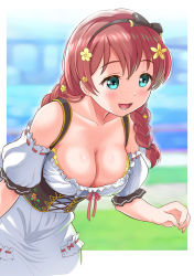 Rule 34 | 10s, 1girl, aqua eyes, bare shoulders, bent over, blush, bodice, braid, breasts, brown hair, cleavage, collarbone, commentary request, dirndl, dress, emma verde, flower, freckles, german clothes, gonta (gshoutai), hair flower, hair ornament, hairband, highres, large breasts, leaning forward, long hair, love live!, love live! nijigasaki high school idol club, love live! school idol festival all stars, open mouth, smile, solo, swiss clothes, twin braids