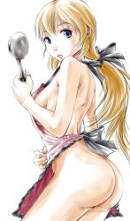 Rule 34 | 1girl, apron, ass, blonde hair, blue eyes, breasts, charlotte e. yeager, cowboy shot, cropped legs, hand up, highres, holding, jewelry, ladle, lips, long hair, looking at viewer, looking back, munmun, naked apron, parted lips, ponytail, ring, simple background, solo, strike witches, white background, world witches series