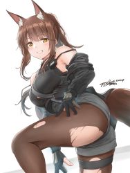 Rule 34 | animal ears, arknights, ass, bare shoulders, black gloves, black shirt, blush, breasts, brown hair, brown pantyhose, dated, fox ears, fox girl, fox tail, franka (arknights), gloves, grey shorts, grin, highres, large breasts, pantyhose under shorts, long hair, long sleeves, off shoulder, official alternate costume, pantyhose, parted lips, partially fingerless gloves, ponytail, shirt, short shorts, shorts, sidelocks, signature, simple background, skindentation, smile, solo, tail, thigh strap, torn clothes, torn pantyhose, white background, yellow eyes, yukinoshiro