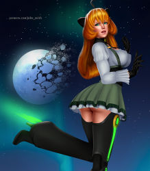 Rule 34 | 1girl, ahoge, android, ass, boots, breasts, dress, gloves, green eyes, high heels, john reith, joints, looking at viewer, moon, orange hair, outdoors, penny polendina, robot joints, rwby, skirt, suspender skirt, suspenders, thigh boots, thighhighs, thrusters