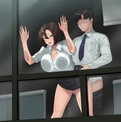 Rule 34 | 1boy, 1girl, :d, against glass, against window, ass grab, bent over, black hair, black pants, blue eyes, blue neckwear, breasts, brown hair, cleavage, clothes lift, collared shirt, doggystyle, dress shirt, exhibitionism, faceless, faceless male, hair between eyes, hand on window, hetero, indoors, jagaimo (kkamja), jung yujin (jagaimo (kkamja)), large breasts, leaning forward, long sleeves, looking to the side, medium hair, miniskirt, office lady, open mouth, original, pants, unworn pants, parted bangs, public indecency, sex, sex from behind, shirt, short sleeves, skirt, skirt lift, smile, vaginal, white shirt, window