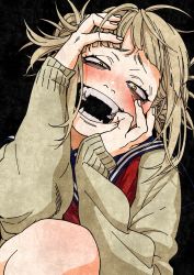 Rule 34 | 10s, 1girl, :d, blonde hair, blush, boku no hero academia, cardigan, fangs, finger in own mouth, hands on own face, head tilt, highres, knee up, looking at viewer, messy hair, neckerchief, open mouth, sano-dou, sanpaku, school uniform, serafuku, slit pupils, smile, solo, toga himiko, upper body, yandere trance, yellow eyes