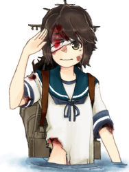 Rule 34 | 1girl, bandages, bandage over one eye, black hair, blood, blue sailor collar, brown eyes, brown hair, commentary request, highres, kantai collection, looking at viewer, machinery, mast, miyuki (kancolle), negura meru, sailor collar, salute, school uniform, serafuku, short hair, simple background, solo, torn clothes, upper body, water, white background