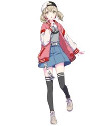 Rule 34 | 1girl, :o, azusawa kohane, backwards hat, baseball cap, belt, black hat, black thighhighs, blonde hair, brown eyes, brown footwear, denim, denim skirt, full body, grey shirt, hat, highres, jacket, jewelry, letterman jacket, long sleeves, looking up, multicolored clothes, multicolored hat, necklace, non-web source, official art, project sekai, shirt, shoes, short twintails, skirt, sneakers, solo, tachi-e, thighhighs, transparent background, twintails, white hat