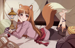 Rule 34 | 00s, 1girl, absurdres, animal ears, anklet, barefoot, bed, blush, book, brown hair, head rest, feet, highres, holo, indoors, jewelry, lantern, long hair, lying, official art, on stomach, pillow, pouch, red eyes, sadakata kikuko, sash, scan, smile, soles, solo, spice and wolf, tail, wolf ears, wolf tail