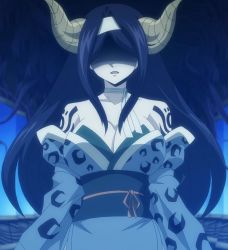 Rule 34 | 1girl, angry, black hair, breasts, cleavage, demon, demon girl, fairy tail, female focus, gradient background, highres, horns, japanese clothes, kimono, large breasts, long hair, open mouth, sayla (fairy tail), screencap, solo, standing, stitched, tattoo, third-party edit