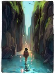 Rule 34 | 1girl, backpack, bag, black hair, blue sky, border, brown jacket, brown shorts, cliff, commentary, english commentary, jacket, loish, medium hair, original, ripples, river, shorts, signature, simple bird, sky, solo, valley, wading, white border