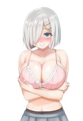 Rule 34 | 10s, 1girl, black pantyhose, blue eyes, blush, breast hold, breasts, cleavage, closed mouth, collarbone, embarrassed, hair ornament, hair over one eye, hairclip, hamakaze (kancolle), hand on breast, hand on own arm, hazamanokaien, holding own arm, kantai collection, kurokku, large breasts, looking at viewer, nail polish, no shirt, one eye covered, pantyhose, pink nails, pleated skirt, ribbon-trimmed bra, shade, short hair, silver hair, simple background, skirt, smile, solo, upper body, white background