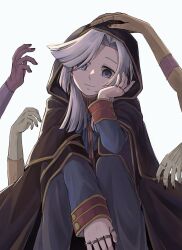 Rule 34 | 1boy, absurdres, blue pants, cloak, closed mouth, delfuze, grey eyes, grey hair, hand up, highres, hood, hood up, hooded cloak, jewelry, joseph cartaphilus, long hair, long sleeves, looking at viewer, mahou tsukai no yome, male focus, multiple rings, pants, patchwork skin, ring, simple background, sitting, smile, solo, white background, zombie