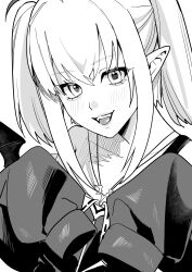 Rule 34 | 1girl, betti (maron), demon wings, greyscale, highres, looking at viewer, makaino ririmu, monochrome, nijisanji, open mouth, pointy ears, sidelocks, sleeves past fingers, sleeves past wrists, smile, solo, sweater, teeth, twintails, wings