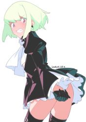 Rule 34 | 1boy, ass, black gloves, black jacket, blonde hair, blush, bottomless, cowboy shot, ascot, crossdressing, earrings, embarrassed, eyelashes, from behind, from below, gloves, green hair, jacket, jewelry, lio fotia, looking at viewer, looking back, male focus, promare, short hair, simple background, solo, sweat, tears, thighhighs, thighs, trap, white background, yuuhi homare